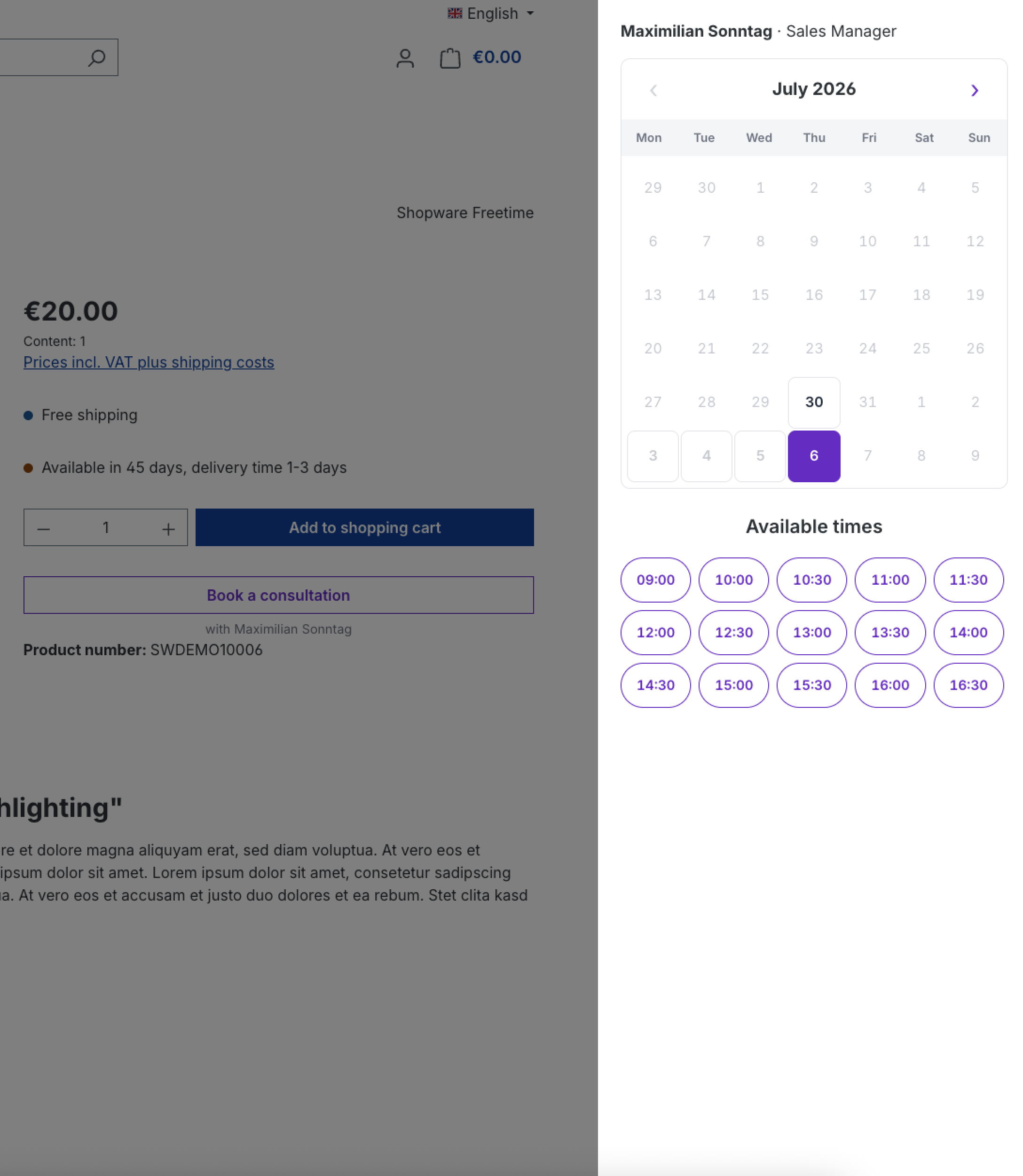 Réservation en off-canvas sur la page produit
