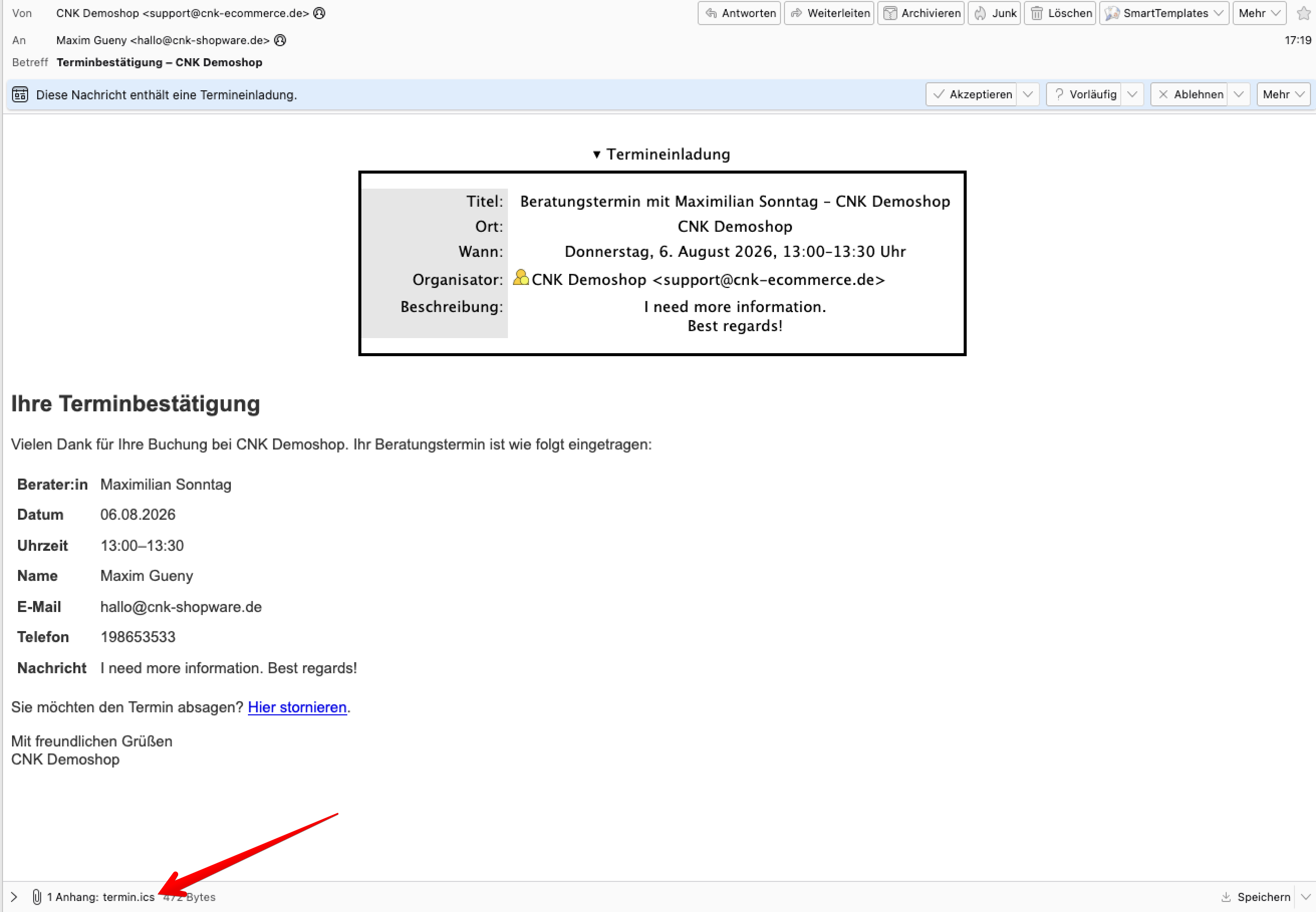 E-mail de confirmation avec invitation de calendrier .ics