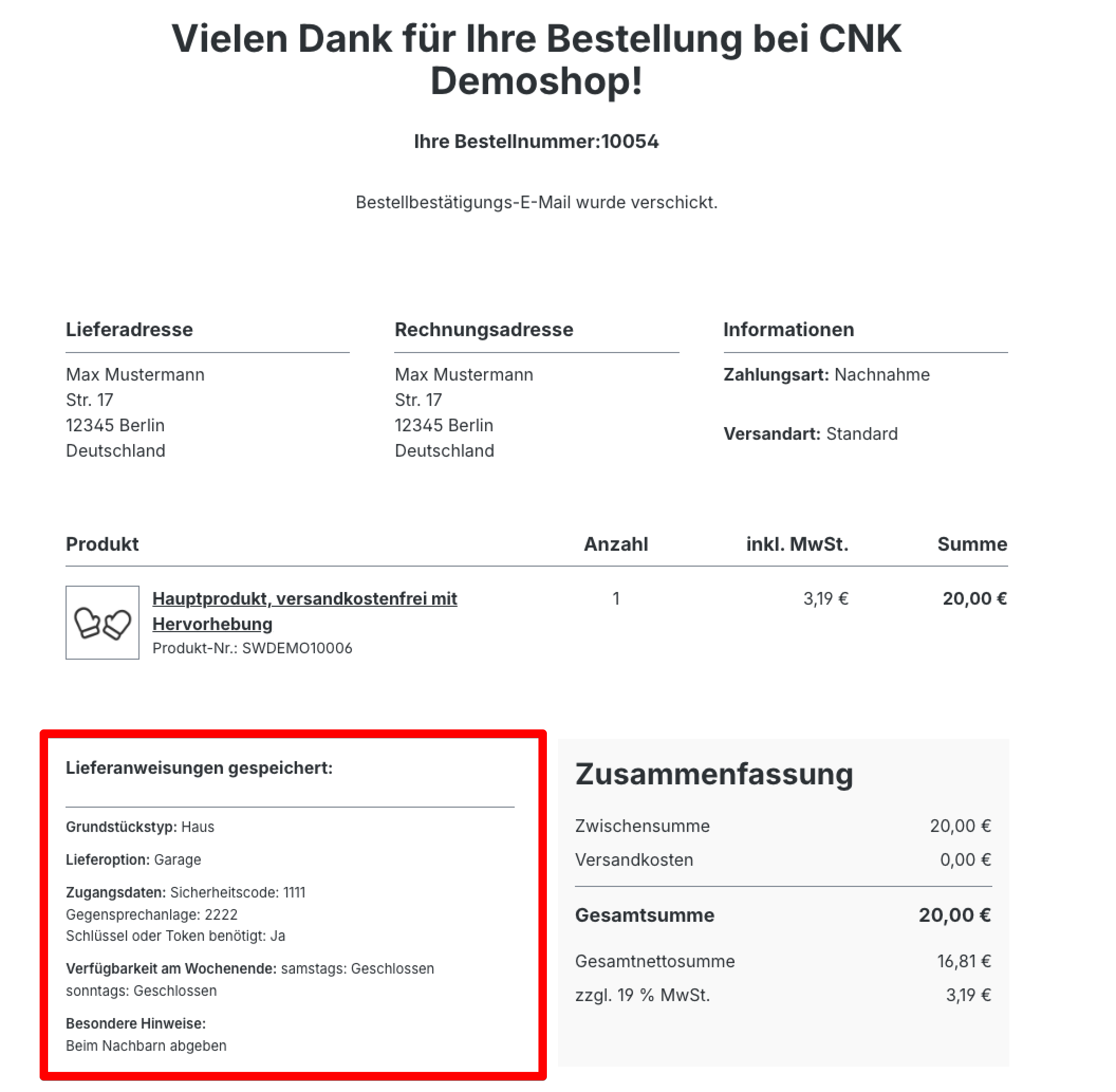 Zusammenfassung der Lieferanweisungen auf der Bestellbestätigung