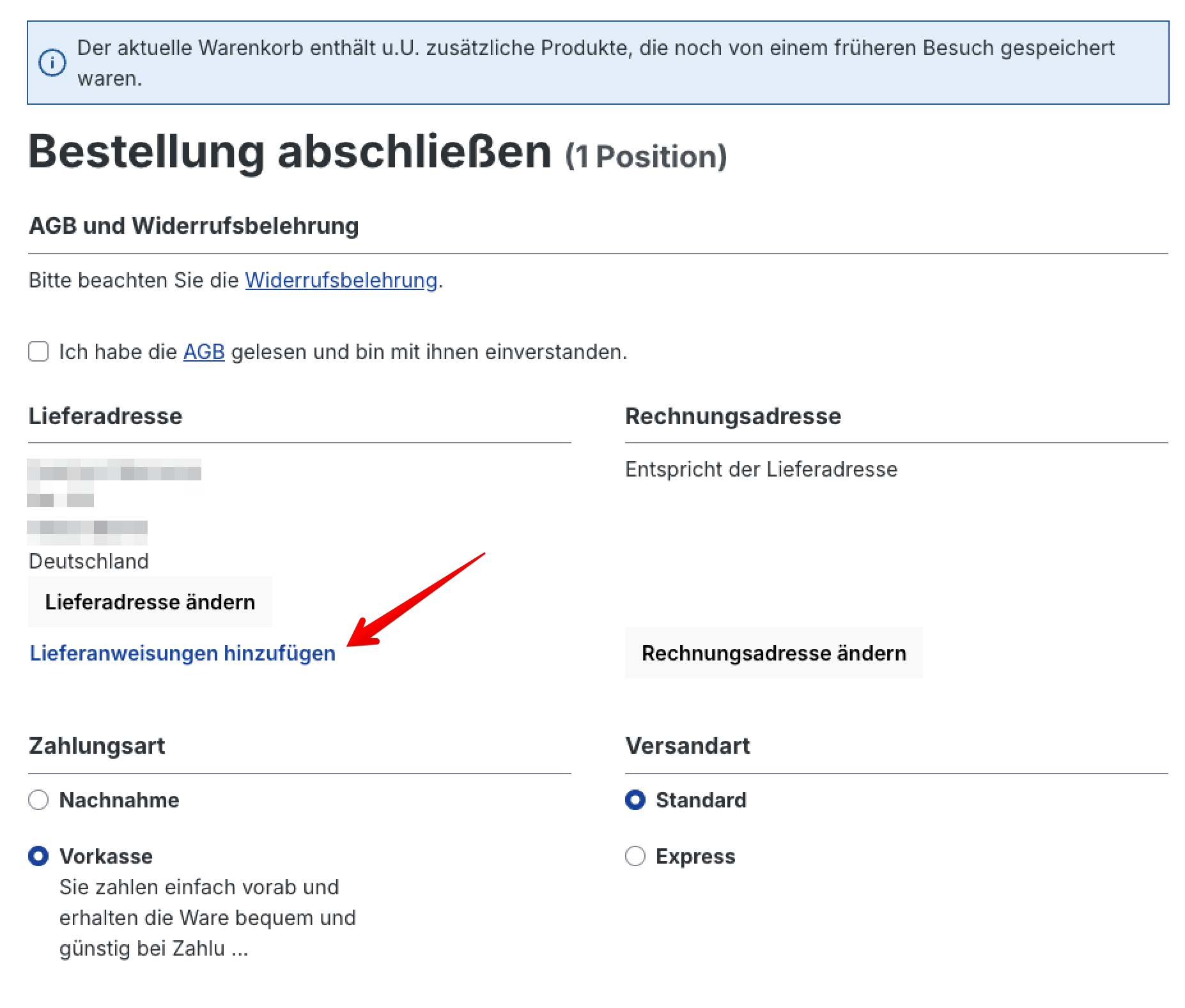 Gespeicherte Lieferanweisungen im Checkout mit „Bearbeiten"-Option