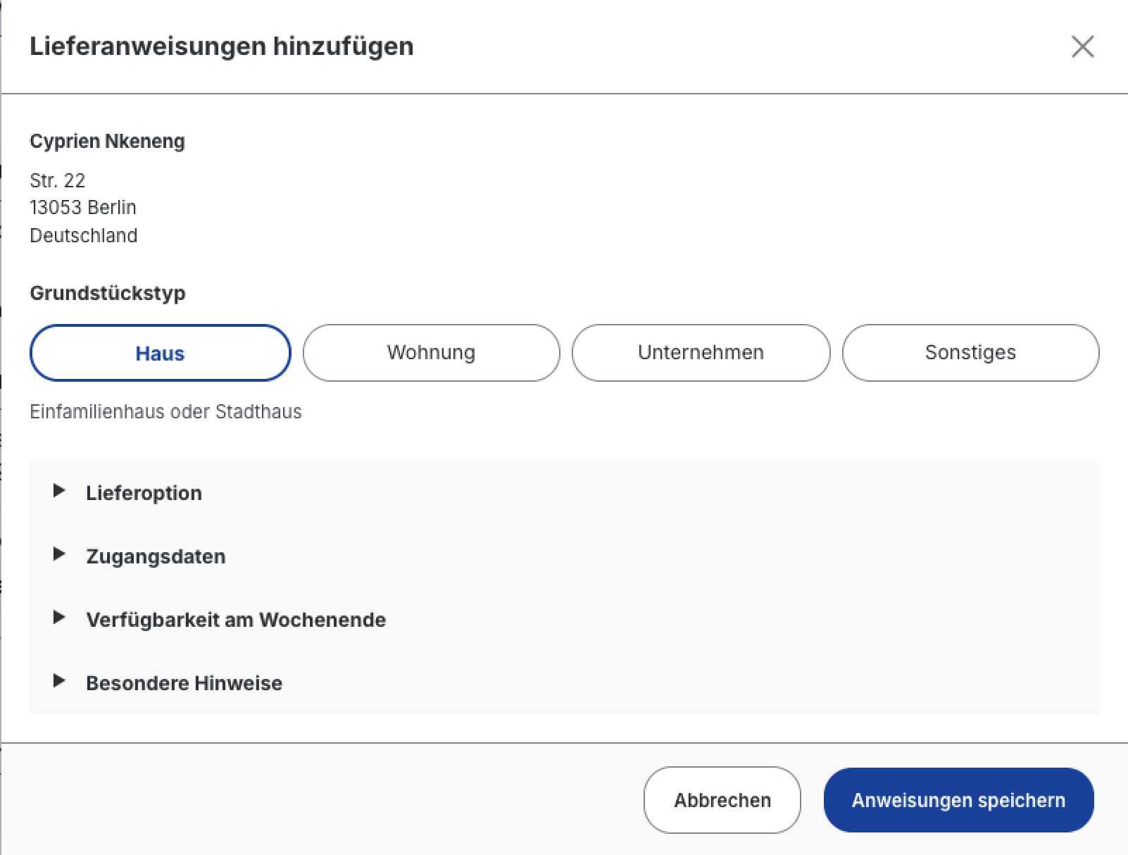 Das Modal „Lieferanweisungen hinzufügen" im Checkout