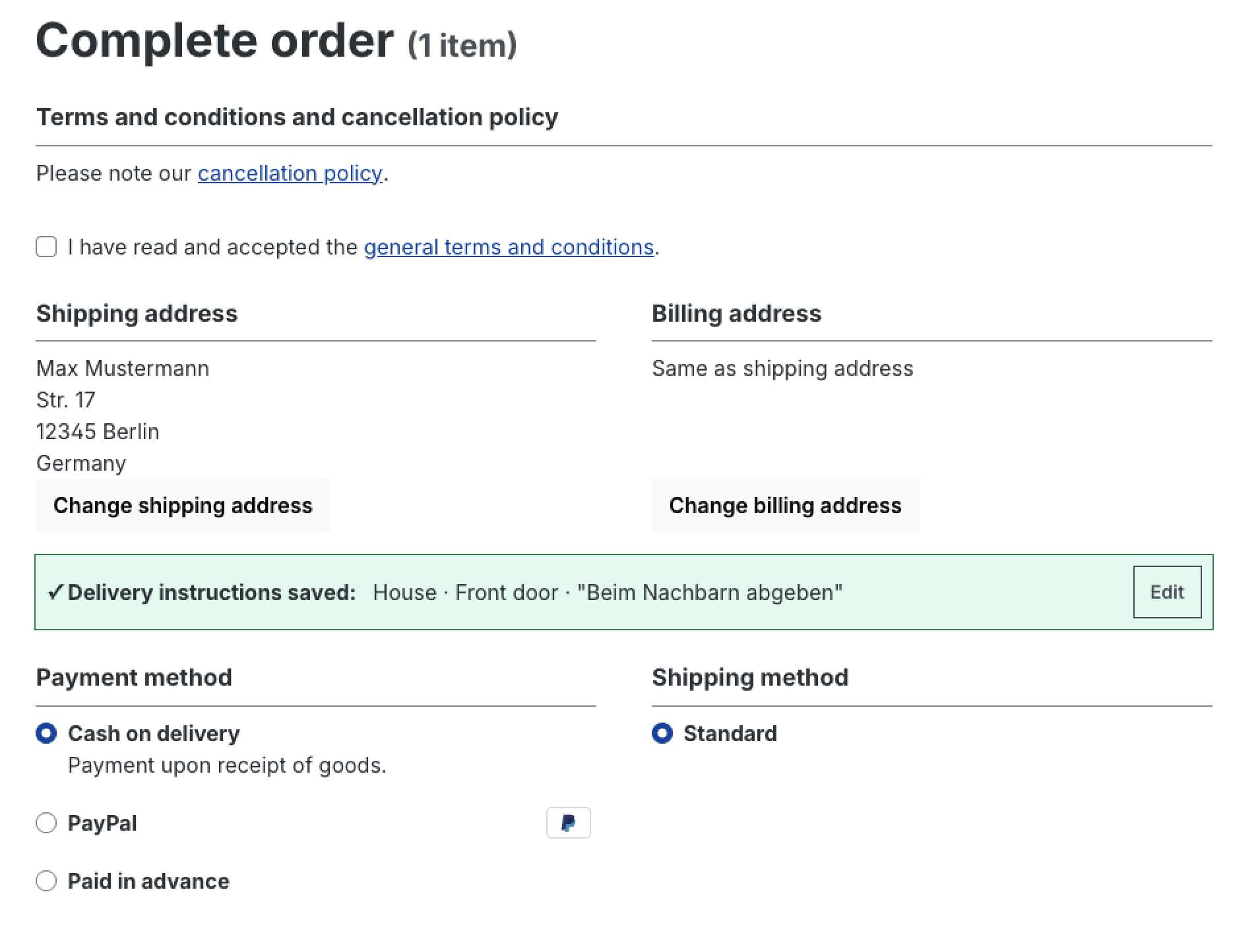 Istruzioni di consegna salvate nel checkout con opzione di modifica