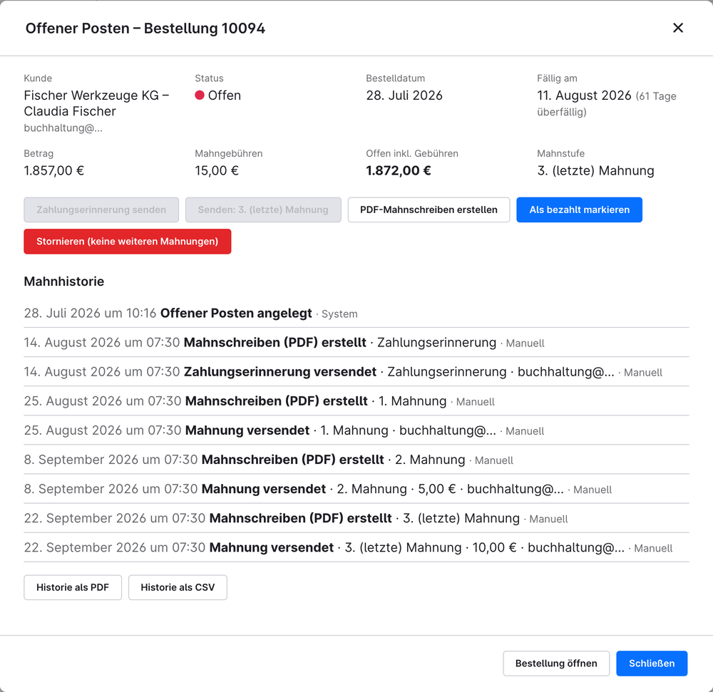 Detailansicht mit Mahnhistorie