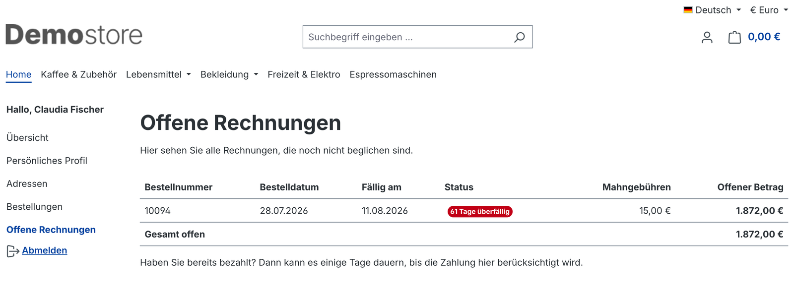 Offene Rechnungen im Kundenkonto