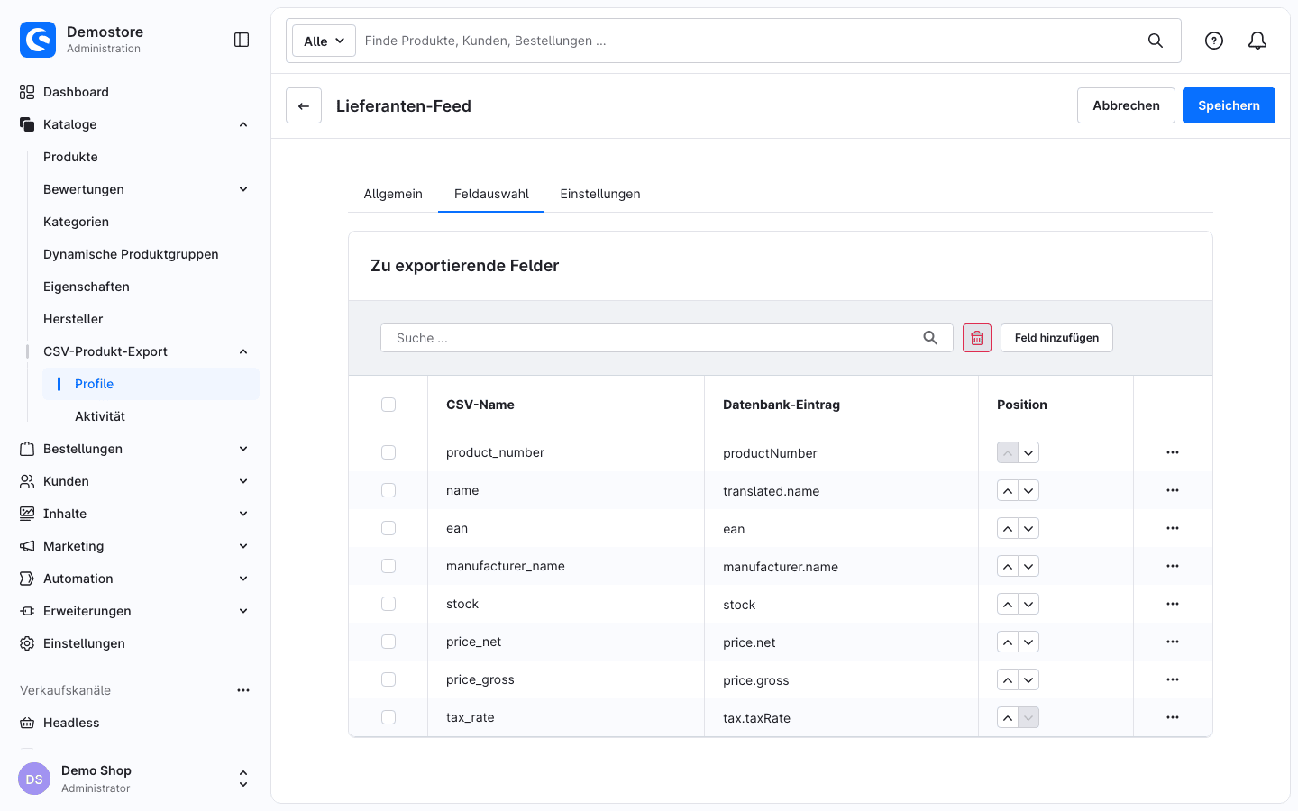 Feldauswahl eines Profils: Spalten und Reihenfolge der CSV-Datei
