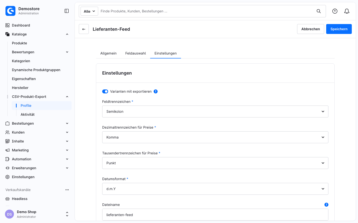 Profil-Einstellungen: Varianten, Trennzeichen, Datumsformat und Dateiname