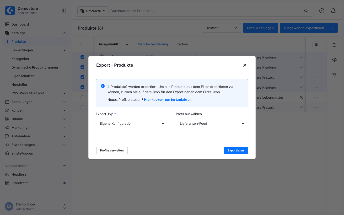 Export-Dialog: Export-Typ und Profil wählen