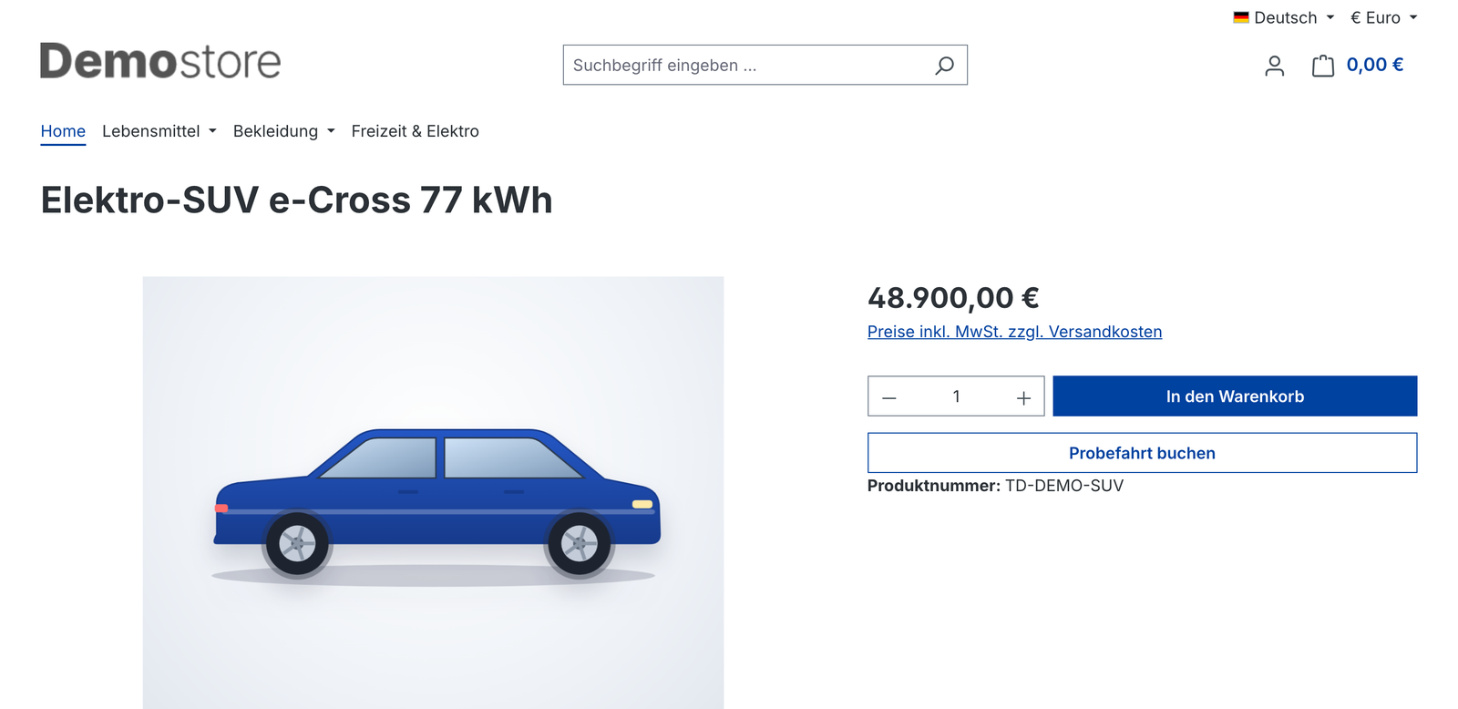Fahrzeug-Produktseite mit Probefahrt-Button