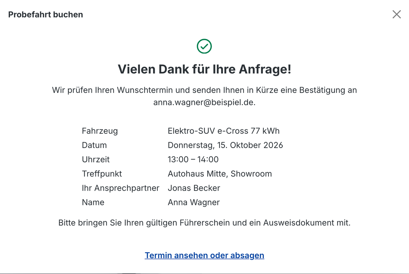 Bestätigung nach der Buchung