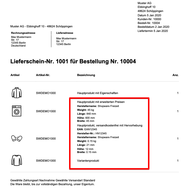 Zusatz-Infos auf dem Lieferschein