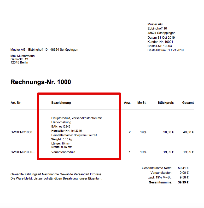 Extra info on the invoice