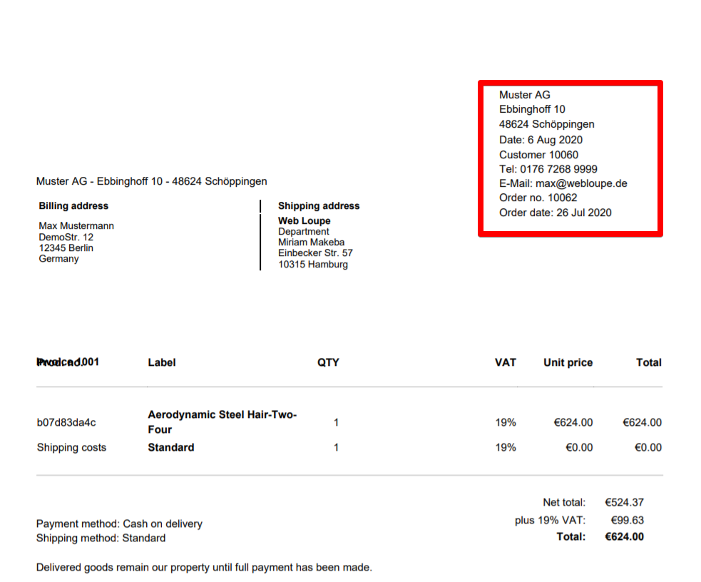 Phone number on the invoice