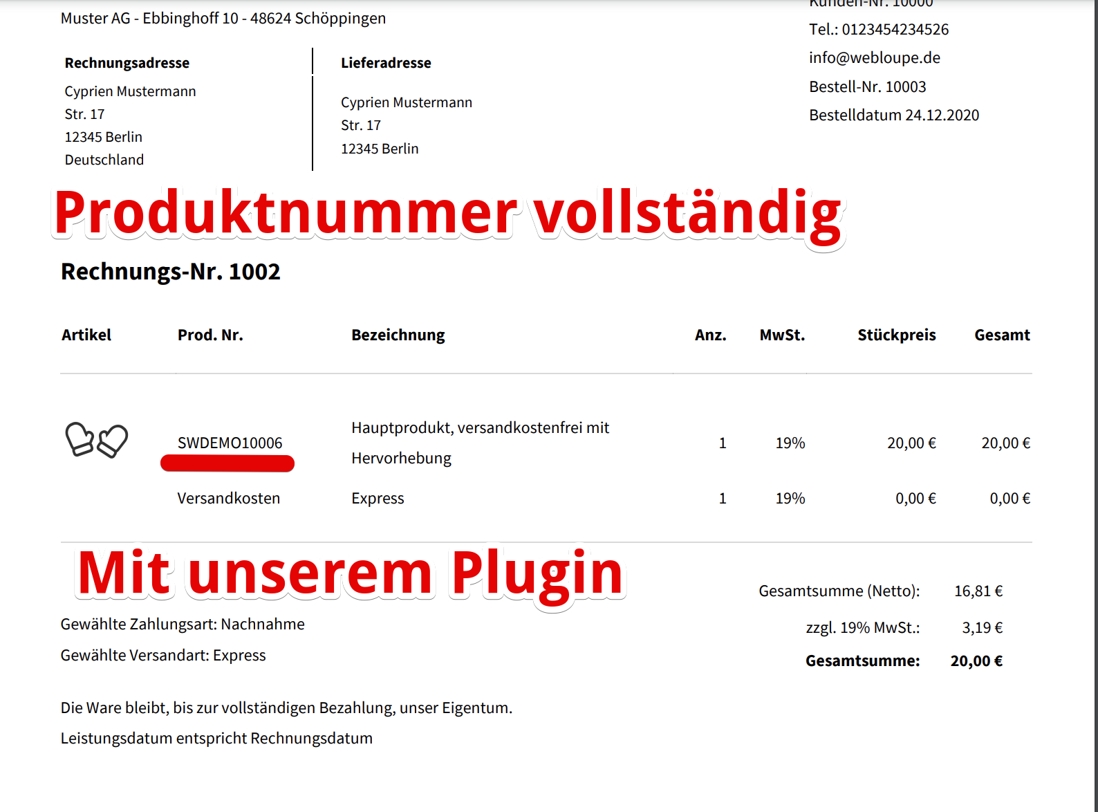 Vollständige Artikelnummer auf der Rechnung