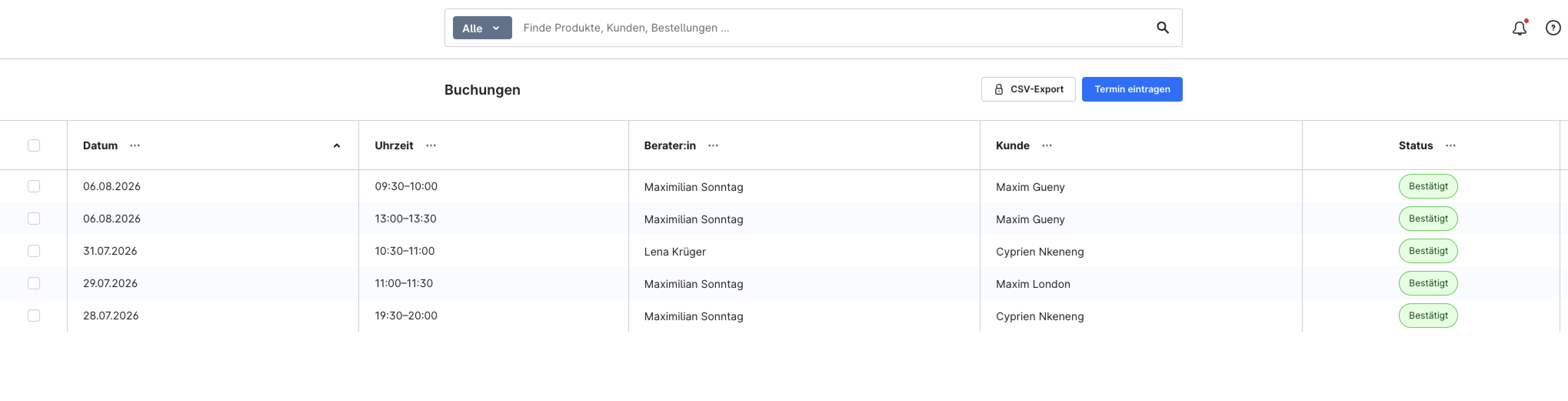 Buchungsübersicht im Admin