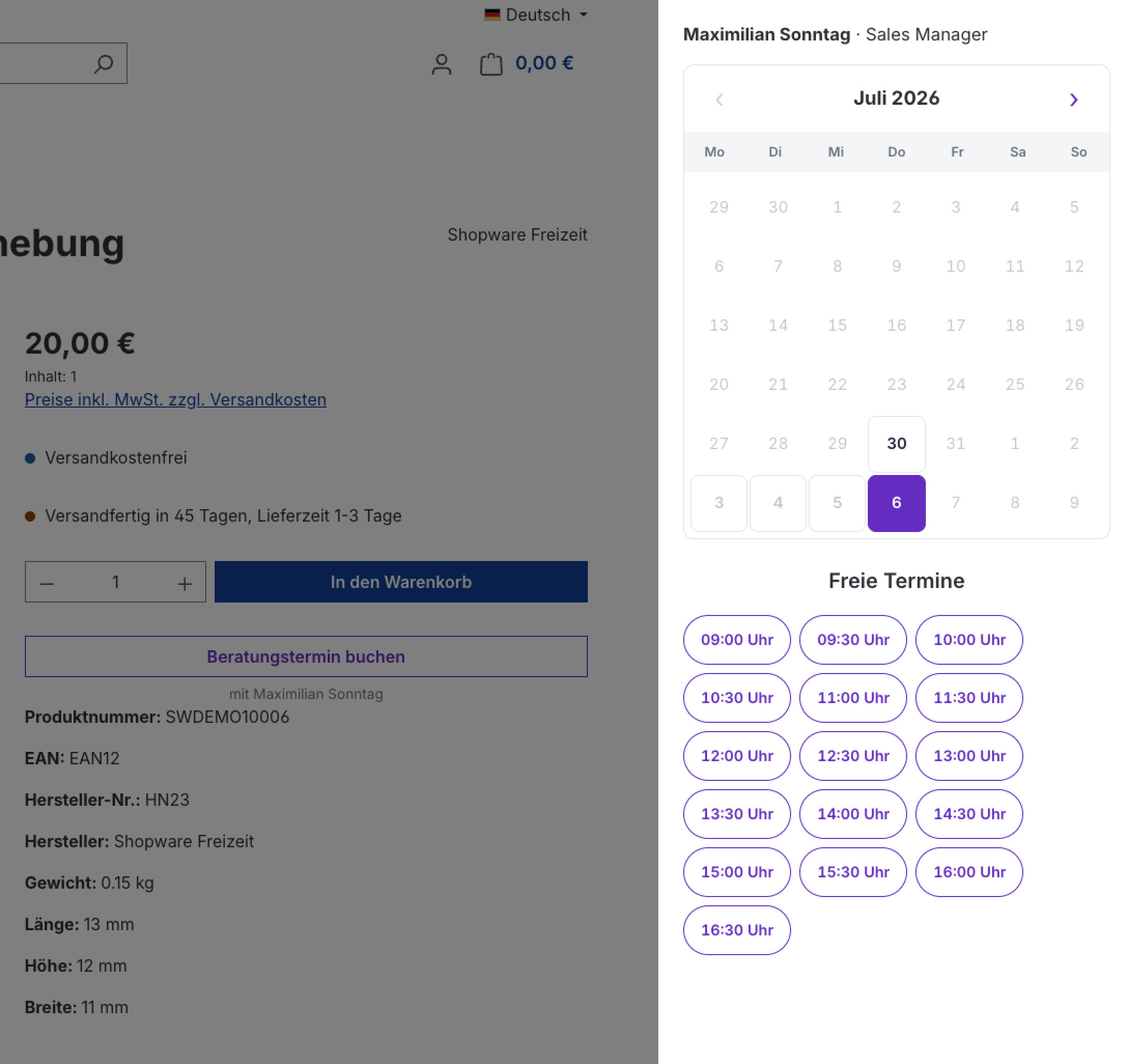 Buchung im Off-canvas auf der Produktseite