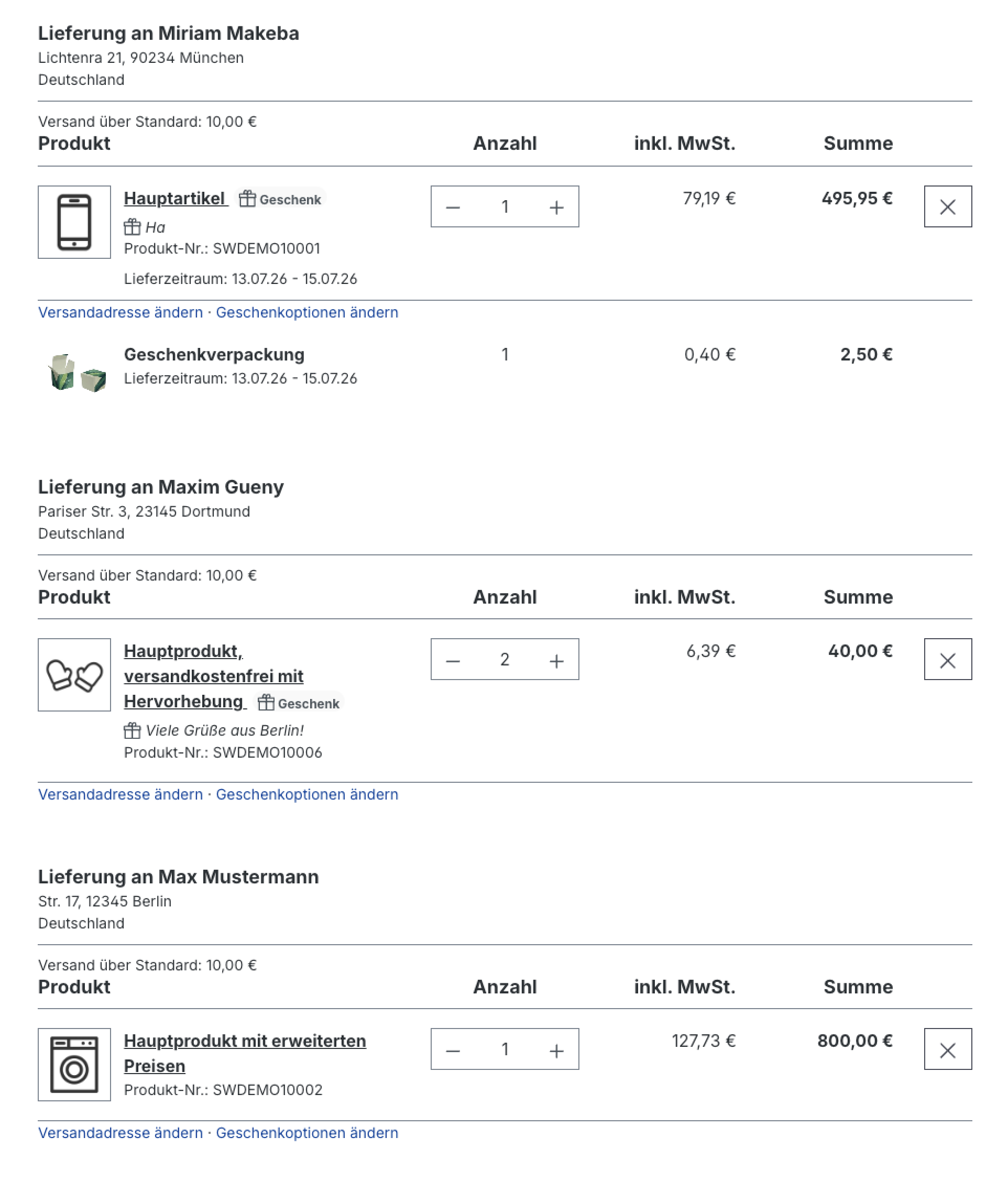 Aufteilung pro Empfänger im Checkout und Kundenkonto