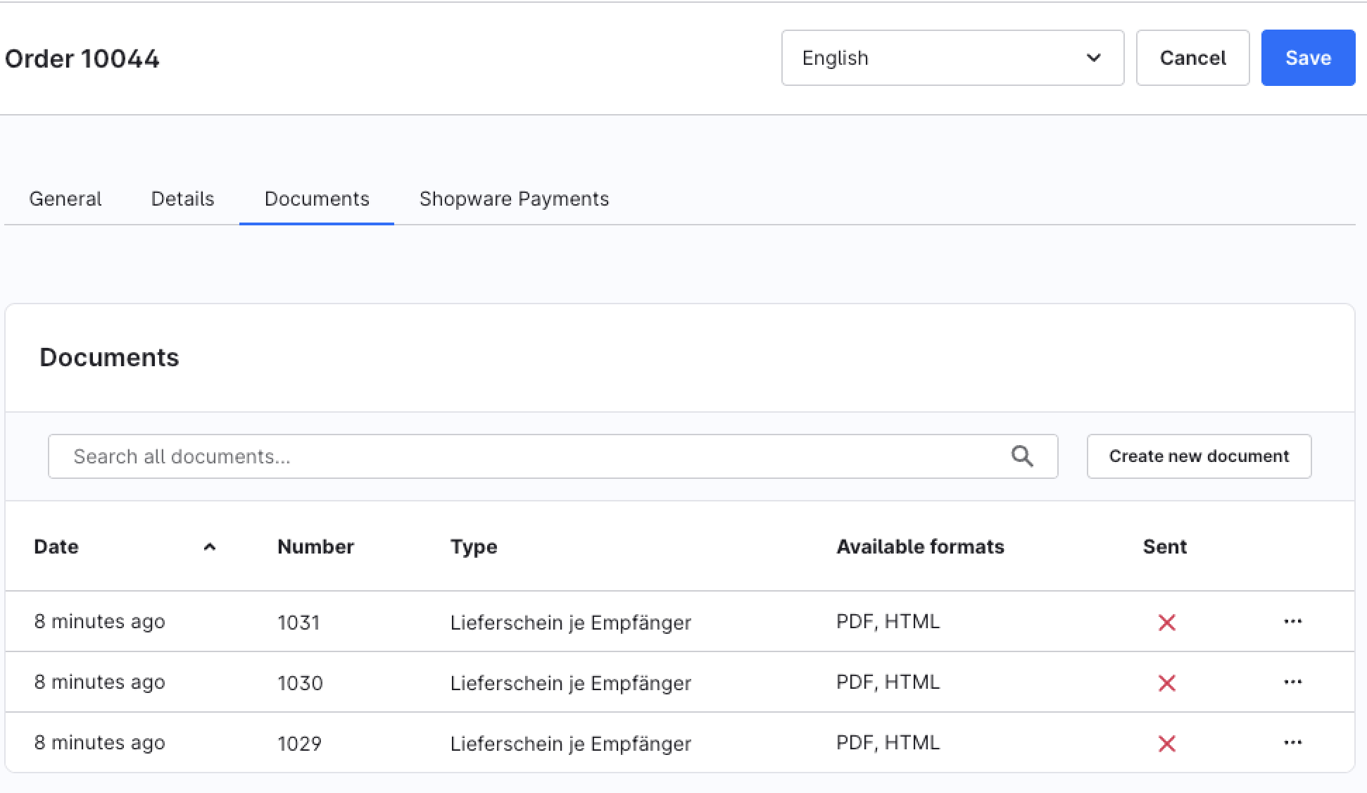 Per-recipient delivery notes in the "Documents" tab
