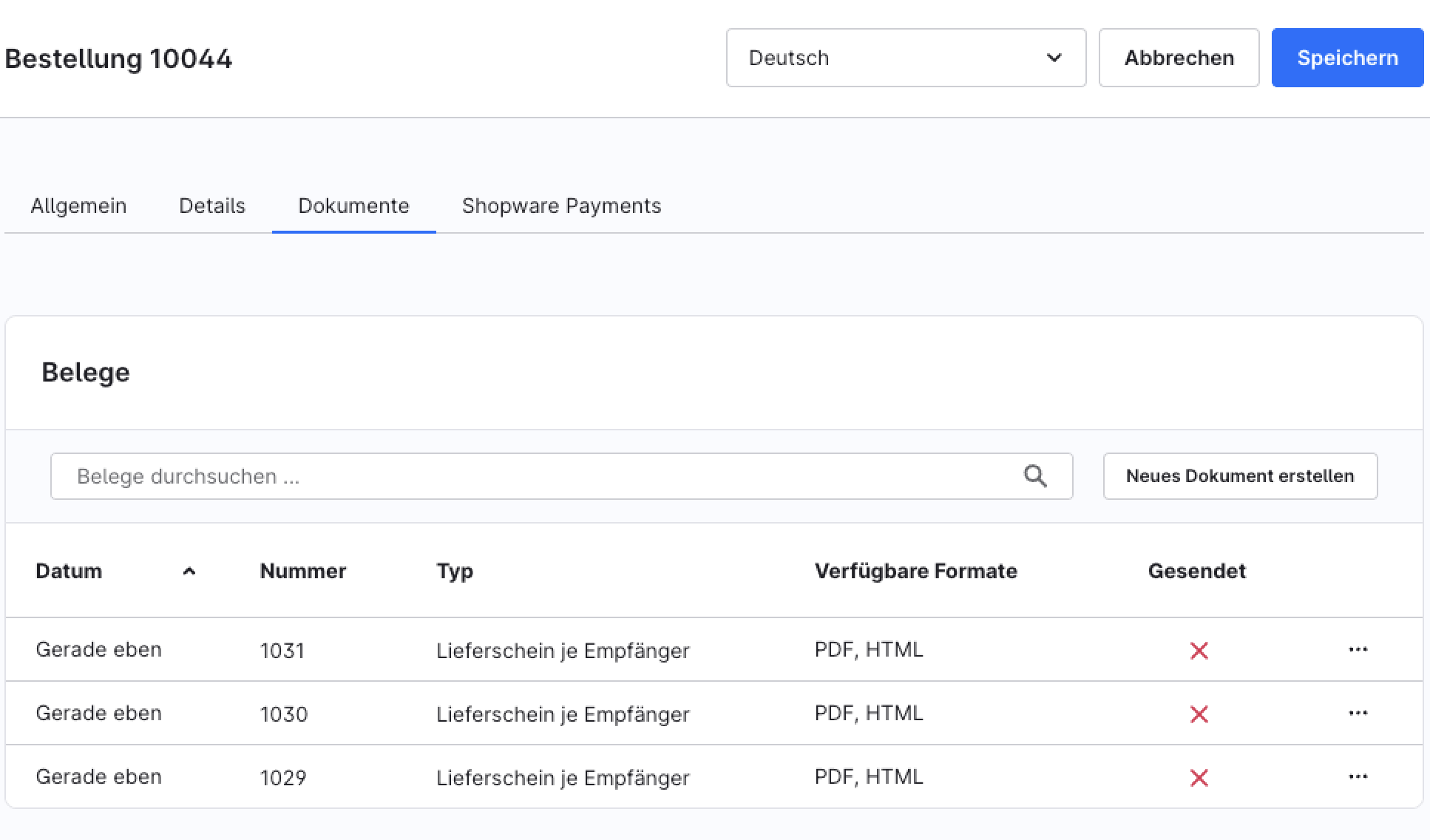 Lieferscheine pro Empfänger im Reiter „Dokumente“